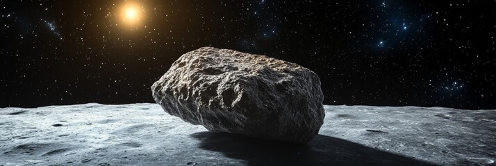 Wall Mural - a large asteroid on a planet s surface, illuminated by a fiery yellow star and distant galaxies