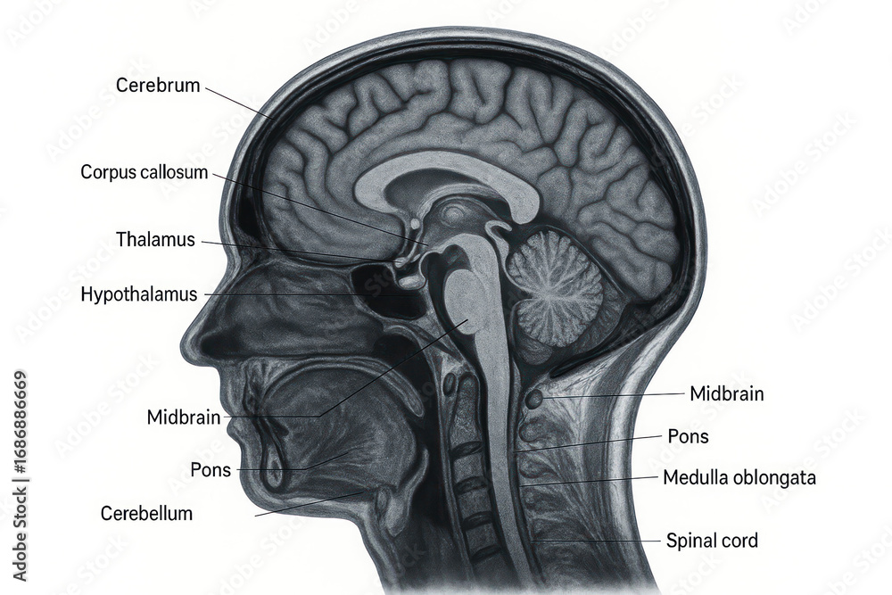Human Brain Anatomy Illustration - Detailed Cross-Section, Labeled ...