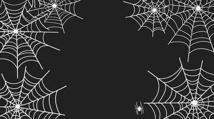 Minimalist vector illustration of creepy spider webs on a solid black banner background,