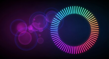 Wall Mural - Neon Spectrum Circle with Abstract Purple Orbs on Dark Background - Modern Design