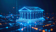 © photostockatinat - A digital representation of a classic bank building with bright blue light. Showing futuristic financial technology and innovation