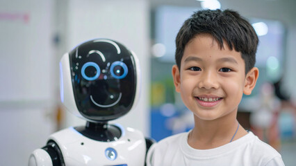 A young boy smiling cheerfully next to a friendly robot, symbolizing the future of technology and human interaction.