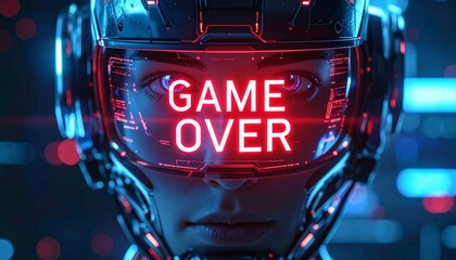 A futuristic cyborg with the words GAME OVER displayed on a screen