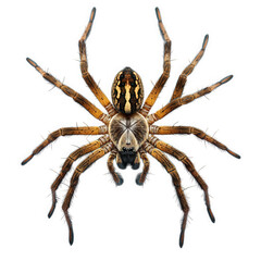 Closeup of a brown spider with patterned legs isolated on transparent background