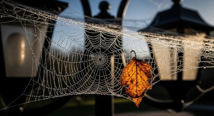 Photo of a delicate spider web with morning dew drops, spun across a lamppost, with a single fallen orange leaf caught in its strands.