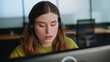 © stockbusters - Telemarketing manager consulting call center closeup. Woman talking headset