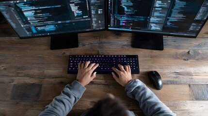 Top view of a programmer typing code on a backlit keyboard with dual computer monitors on a wooden desk