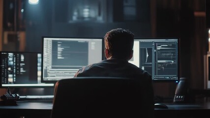 Software developer working late at night on computer code and data analysis