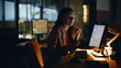© stockbusters - Overworked financier looking monitor working late in dark workplace closeup