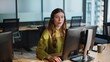 © stockbusters - Helpful assistant consult customer in office remotely. Joyful agent speaking