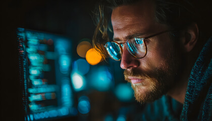 Programmer works at night. Man with glasses looks atmonitor, typing on keyboar. Modern tech in dark offie. Coding, programming, daa analysis, web developmen or cyber security concept