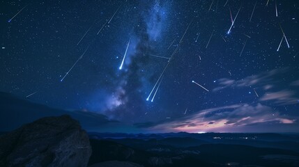 Wall Mural - Starry night sky with multiple glowing meteors streaking across, cinematic long exposure style.