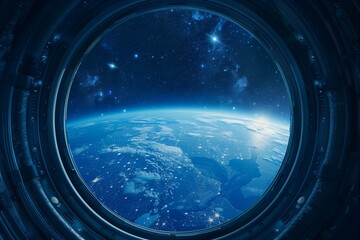 Wall Mural - Round spaceship window frame with view of Earth and stars, clean mockup background, sci-fi minimal design.