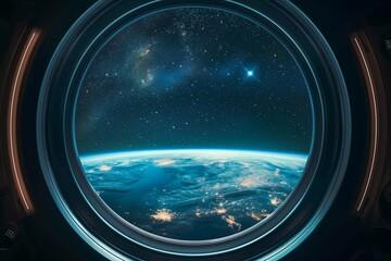 Wall Mural - Round spaceship window frame with view of Earth and stars, clean mockup background, sci-fi minimal design.
