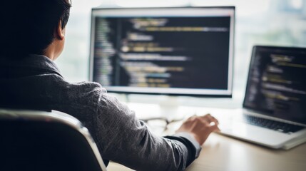 Focused coder in minimalist environment with soft light, great for website backgrounds, office design, or tech industry visuals.
