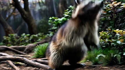 Wall Mural - raccoon observing its surroundings in a dark environment displaying characteristic facial markings a
