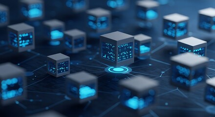 Abstract representation of a blockchain network with interconnected data blocks and nodes