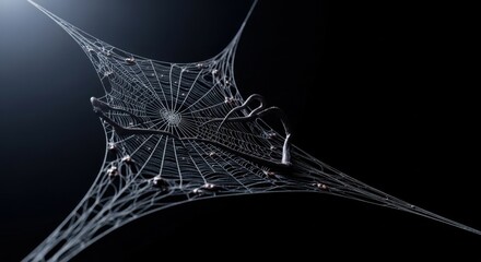 Close-up of a Spider Web with Dew Drops on Dark Background