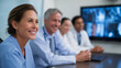 © Kateryna - A group of doctors in a virtual meeting faces glowing on large screens as they discuss medical cases participants engaged in animated conversation sterile office background with