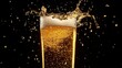 © Chaikit - High-speed capture of golden beer splash colliding with glass, frozen droplets in mid-air, backlit for glowing liquid transparency, isolated on black