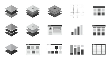 Conceptual vector illustration featuring data layers, charts, and browser interfaces
