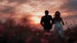© Thares2020 - Romantic couple in wedding attire running through a vibrant field of wildflowers bathed in the warm glow of a spectacular sunset
