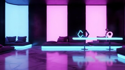 Futuristic lounge interior with neon accents, inviting couches and a modern table, capturing the essence of relaxation in a surreal ambience for stylish living