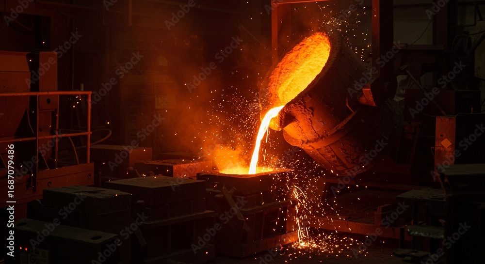 Cinematic photography of molten metal being poured into a mold, glowing ...