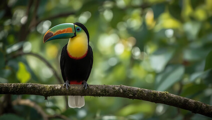 Close-up of a vibrant toucan with a large colorful beak sitting on a tree branch in a tropical rainforest. Exotic wildlife and nature concept, perfect for biodiversity and eco themes.