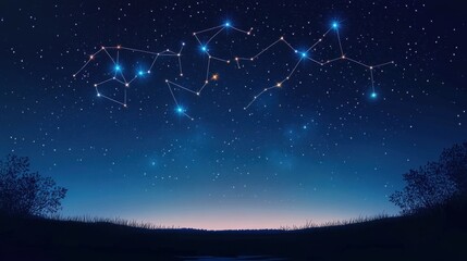 Wall Mural - Starry night sky with glowing constellations and a silhouetted horizon, cartoon concept with blank space
