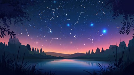 Wall Mural - Starry night sky with glowing constellations and a silhouetted horizon, cartoon concept with blank space
