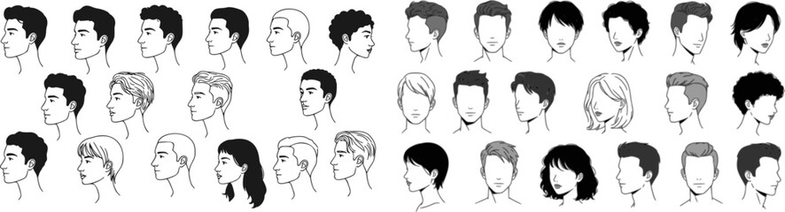 set of man woman profile line art head, hairstyle, men, women outline collection, variety line art. hairstyles, male and female head silhouettes, showcasing various hairstyles, side view