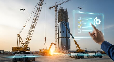 Modern skyscraper construction site management with digital interface and drone aerial view.