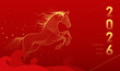 © jm - Red horizontal New Year poster of the Year of the Horse Linear art horse