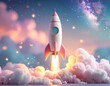 © リリ - Glowing felt rocket launching upward with sparkling pastel clouds, dreamy night sky fantasy illustration, whimsical design