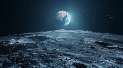 Wall Mural - Clean empty moon surface landscape with Earth rising in the distance, minimal background for product mockup.