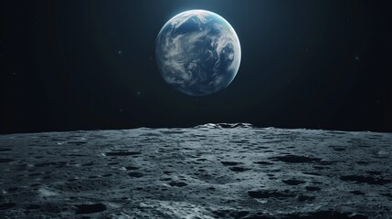 Wall Mural - Clean empty moon surface landscape with Earth rising in the distance, minimal background for product mockup.