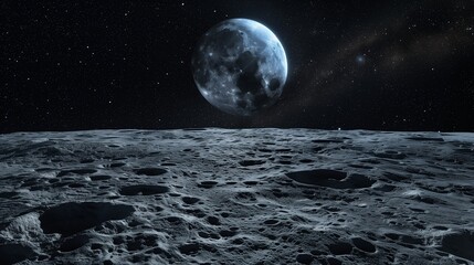 Wall Mural - Clean empty moon surface landscape with Earth rising in the distance, minimal background for product mockup.