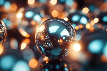 Abstract metallic spheres with reflections and bokeh lights in warm tones
