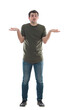 © 1STunningART - Young man spreads arms confused what to choose. Male shrugs shoulders puzzled and undecided. Difficult choice concept with full length model isolated on transparent background
