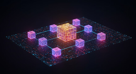 Digital Network of Cubes: A vibrant network of illuminated cubes representing a digital landscape with data flow and interconnected structures.
