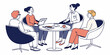 © Miasahin - Diverse group of four people in casual business attire collaborating around a round table with coffee cups