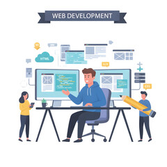 web development concept with cartoon people in flat design man programming applications and coding page interfaces creating webpage layouts working with products at computer vector illustration