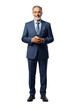 © Vectarica - Full body shot of a smiling mature businessman in blue suit holding coffee cup stock photo isolated on transparent background