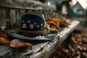 Wall Mural - Rustic Autumn Scene with Embellished Hat on Weathered Wooden Bench