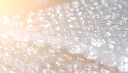 Close-up of clear bubble wrap, showing the repeating pattern of air-filled bubbles, with a soft, diffused light illuminating the surface.