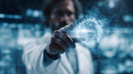 Wall Mural - a scientist in a lab coat points their finger activating a glowing energy sphere with intricate deta