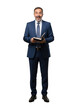 © Vectarica - Excited businessman holding open book full body shot professional corporate isolated on transparent background