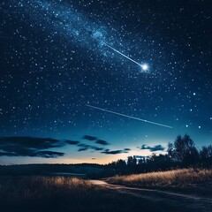 Wall Mural - Bright meteor shower illuminating rural night sky horizon high resolution picture