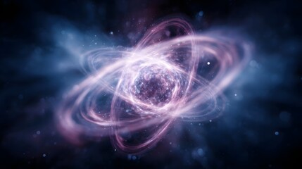 Wall Mural - abstract visualization of an atom with glowing electron orbitals swirling around a luminous core